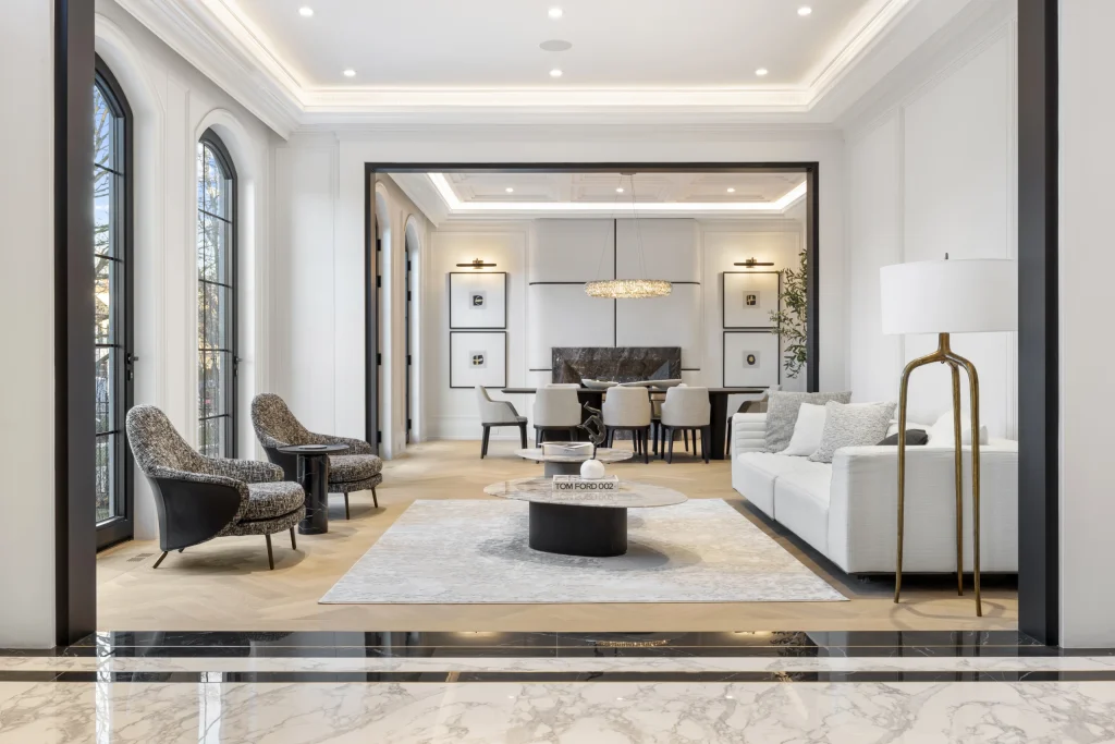 Living space photographed with blended exposures and corrected verticals