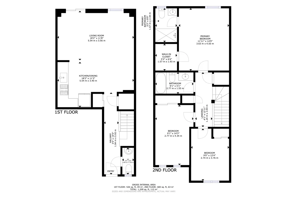 Black and white schematic floor plan showing two levels with room dimensions